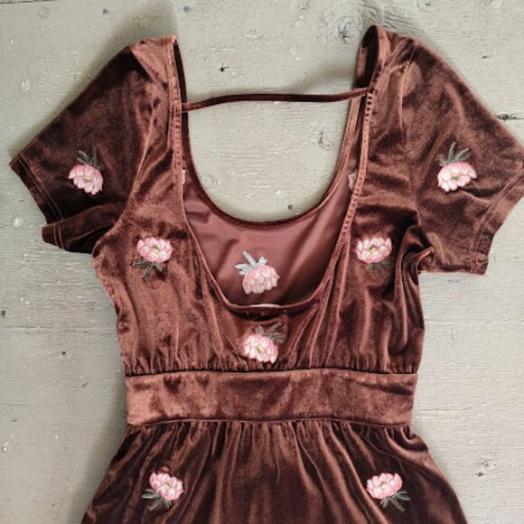 HONEY BELLE | Copper Brown Velvet Floral Fit And Flare Scoop Neck Corset Dress L - Picture 10 of 16